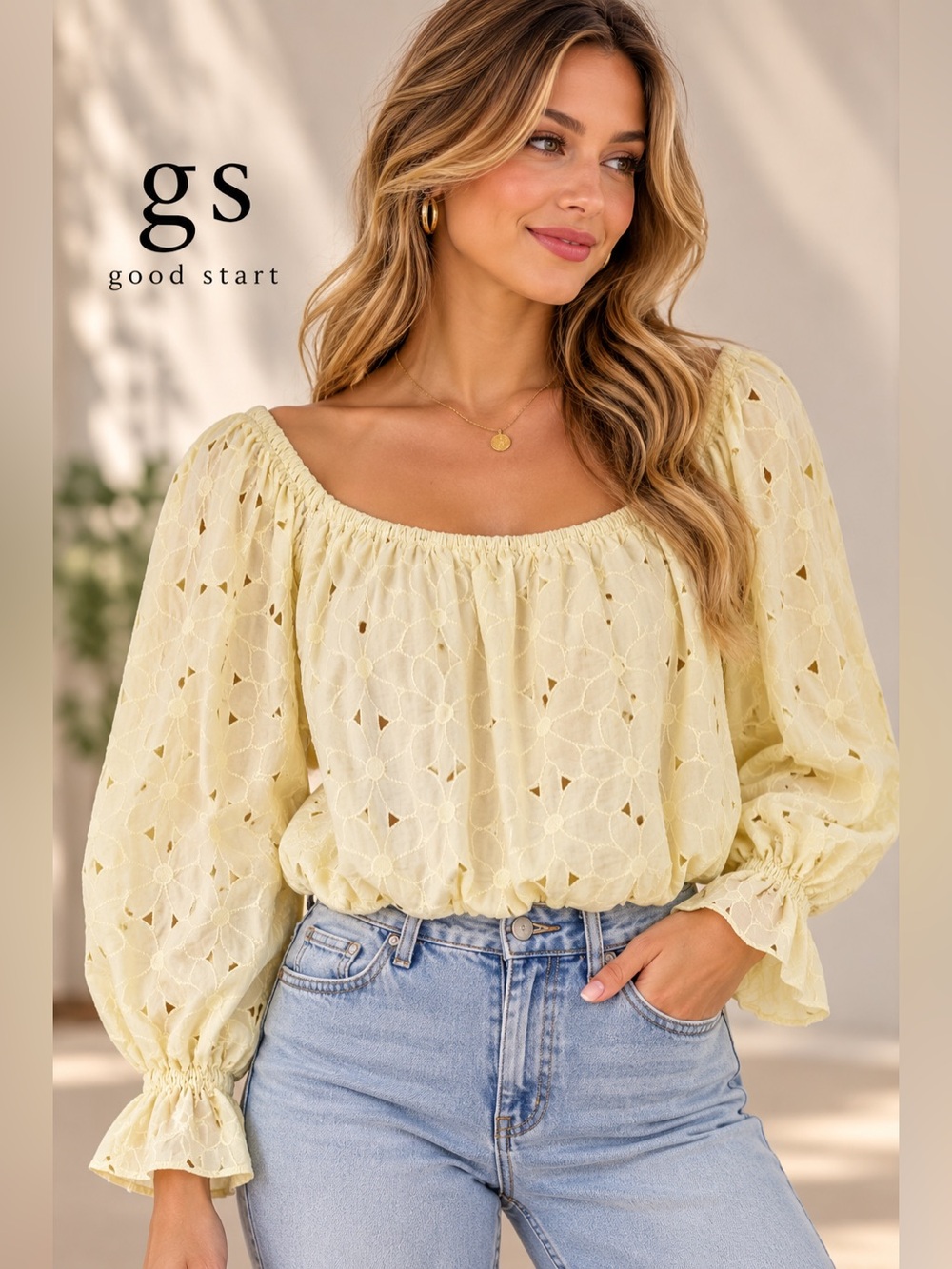 Good Start gs Yellow Eyelet Lace Off-Shoulder Crop Blouse
